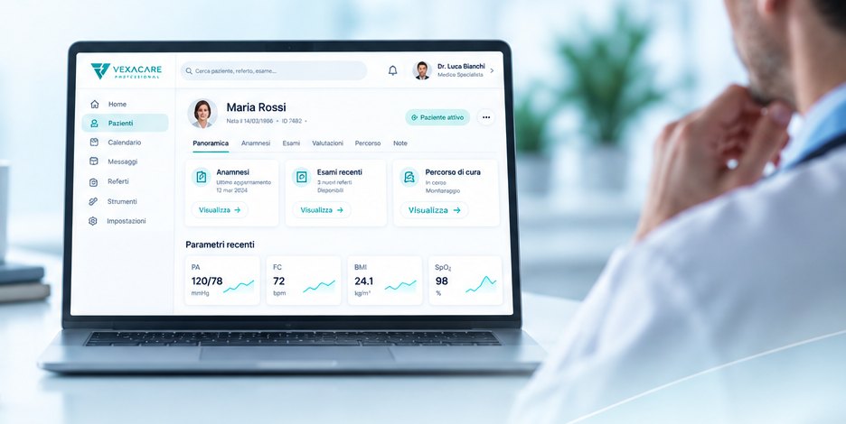 Medico davanti al workspace VexaCare con la scheda paziente