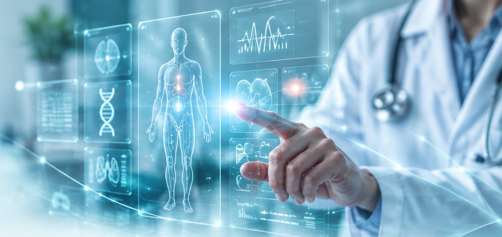 Medico che consulta un'interfaccia clinica digitale